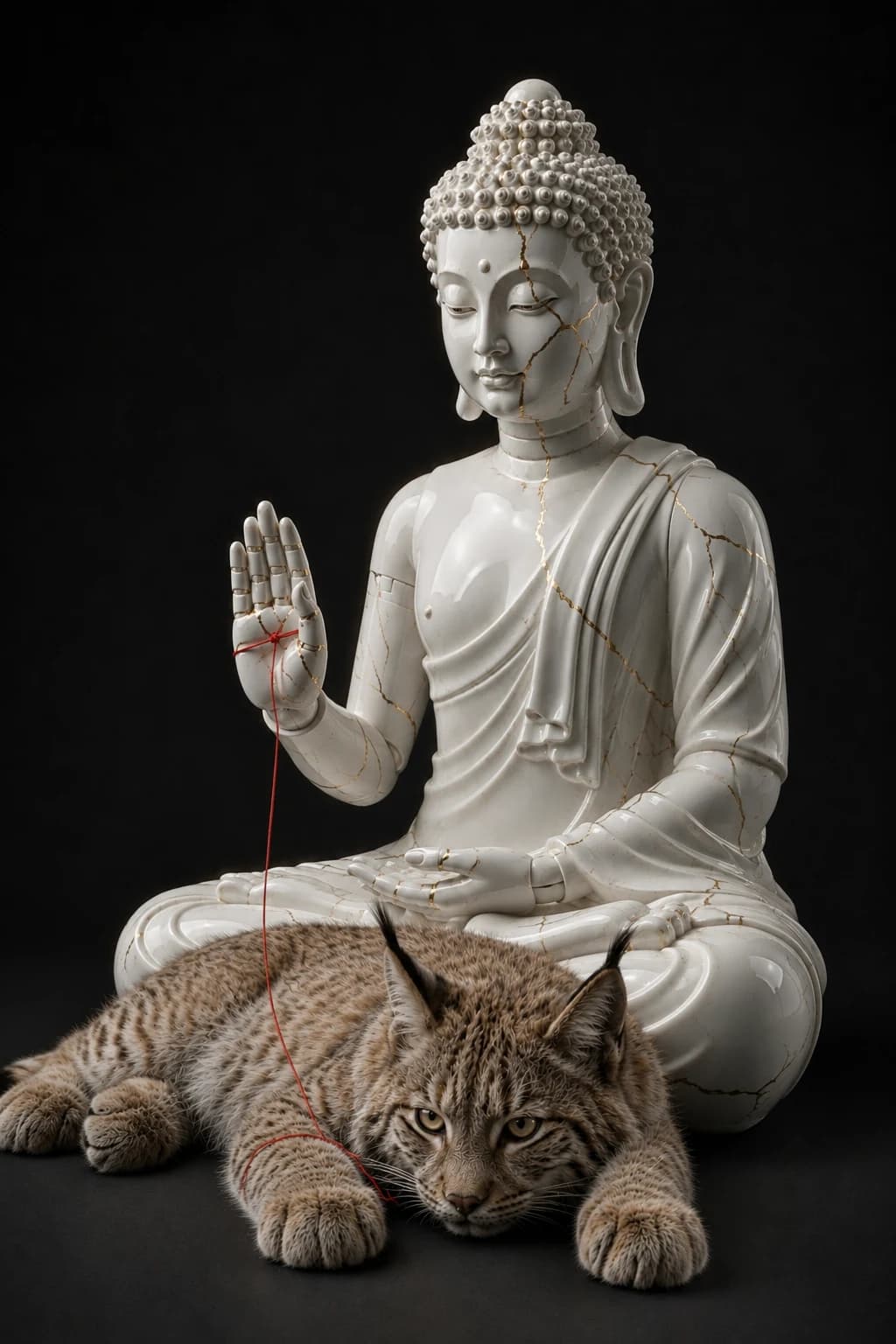 Porcelain Buddha seated behind a resting lynx